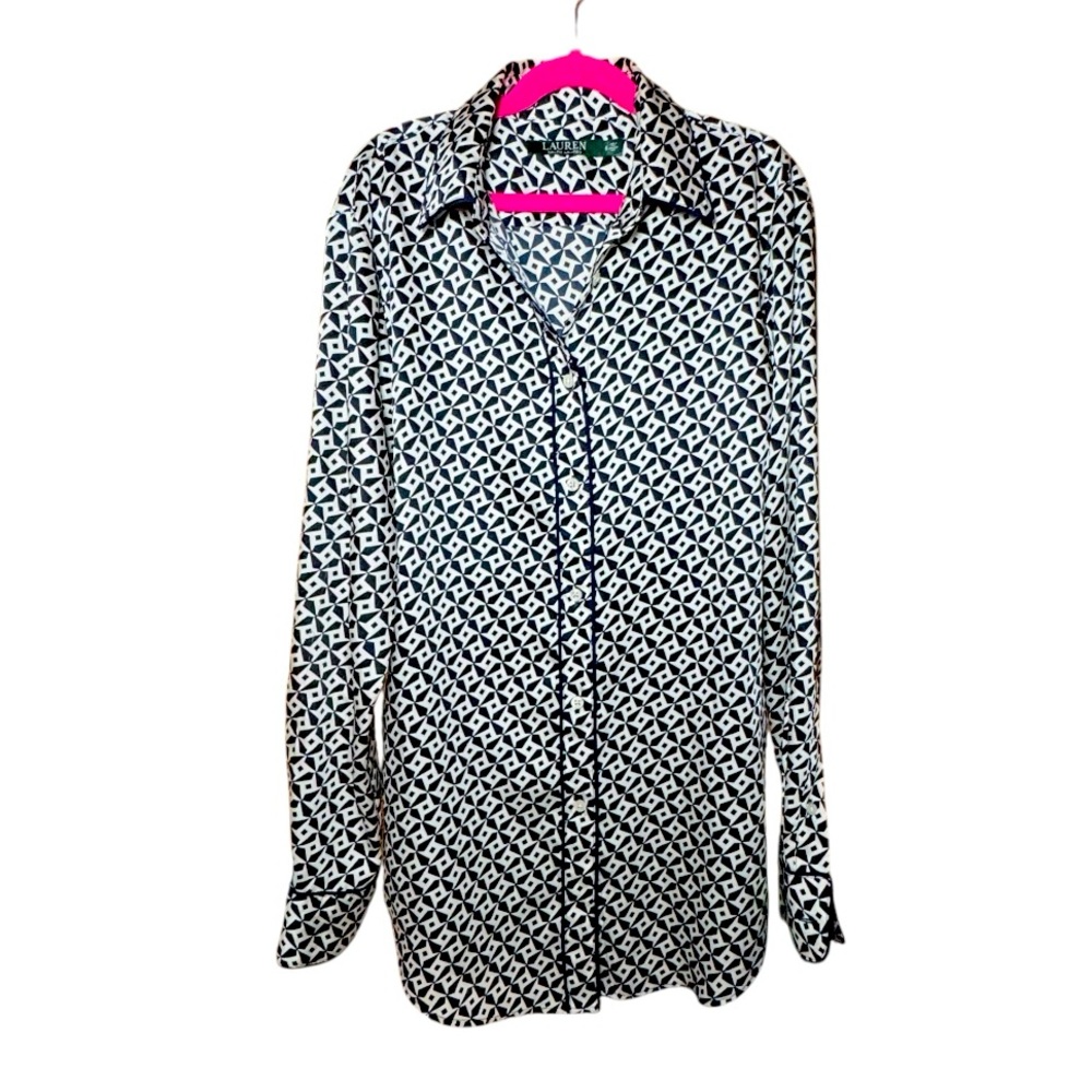 LAUREN RALPH LAUREN Navy and White Geometric Print Button Down Shirt S